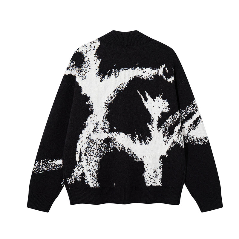 Abstract Bear Jacquard Knit Zip-Up Cardigan Sweater – Oversized High-Street
