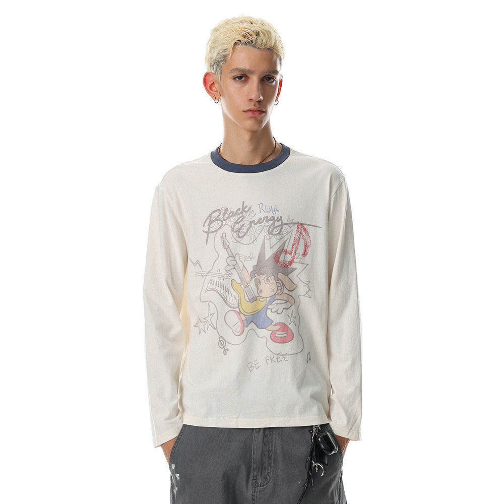 Cream long sleeve crew neck t-shirt with cartoon rock musician graphic print on front and doodle back print