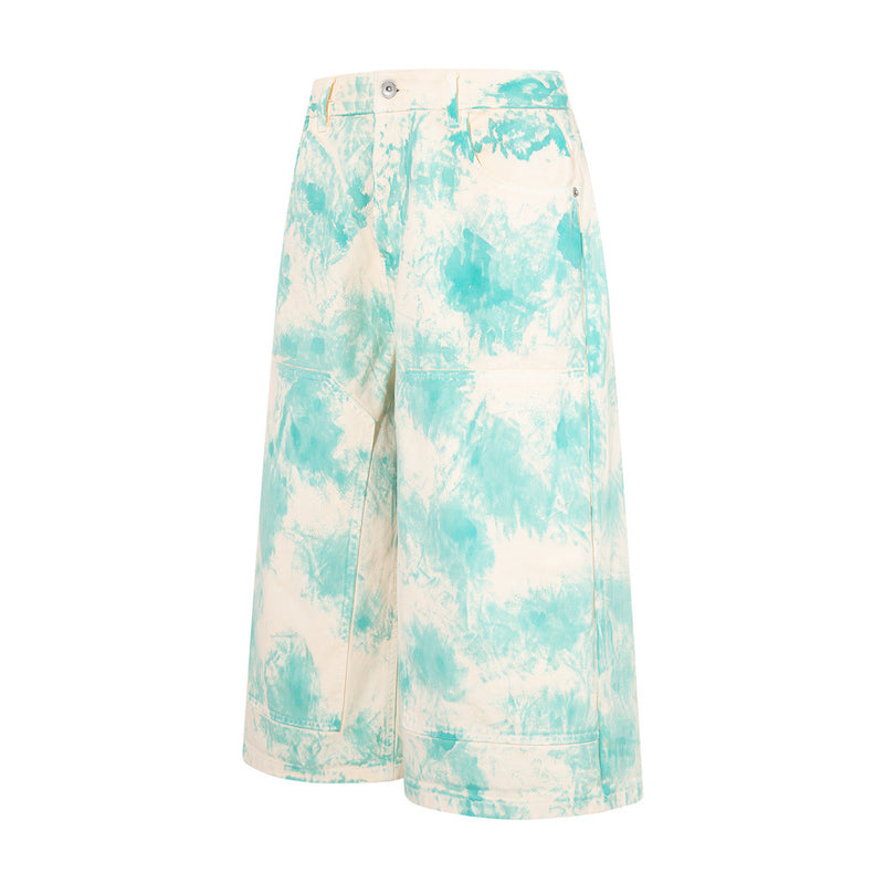 Tie-Dye Wide-Leg Denim Shorts – Loose Fit Cargo-Style Cropped Jeans