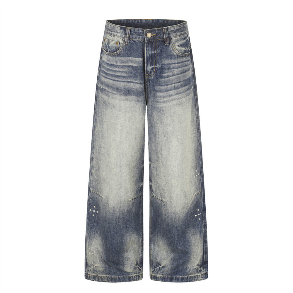 Wide-Leg-Baggy-Jeans – Vintage-Gradient-Wash mit Nieten-Details