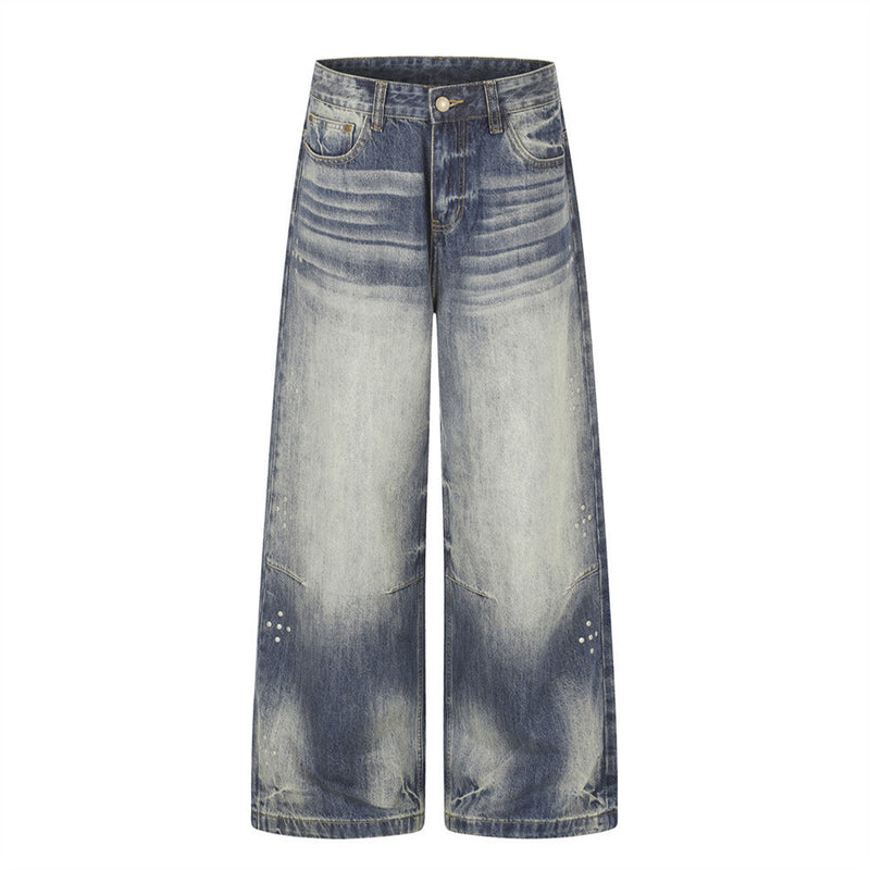 Wide-Leg-Baggy-Jeans – Vintage-Gradient-Wash mit Nieten-Details