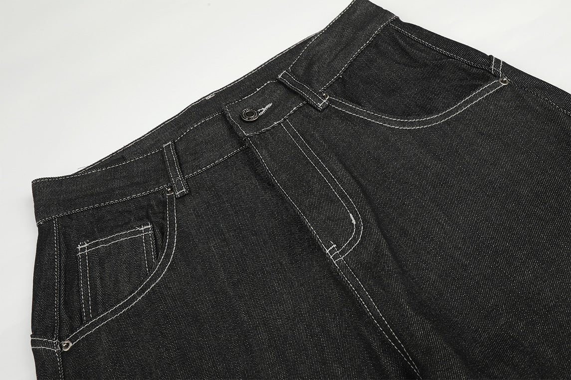 Wide-Leg Baggy Jeans – Skeleton Horse & Sun Embroidery, Dark Wash Black Denim