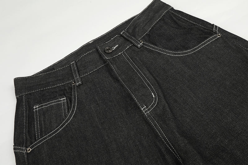 Wide-Leg Baggy Jeans – Skeleton Horse & Sun Embroidery, Dark Wash Black Denim