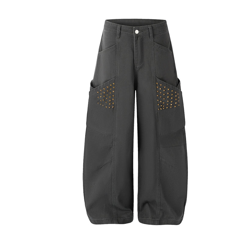 Studded Wide-Leg Cargo Pants with Oversized Pockets