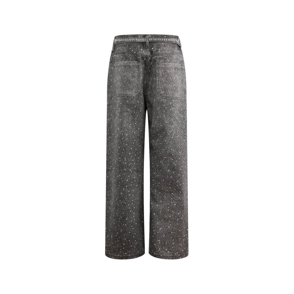 Y2K Baggy Jeans Mens Wide-Leg Rhinestone Embellished Denim Pants