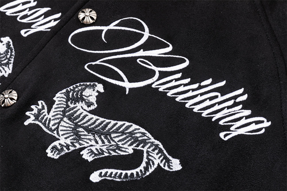 Varsity-Bomberjacke mit Schriftzug-Stickerei und Tiger-Motiv, Colorblock-Raglan