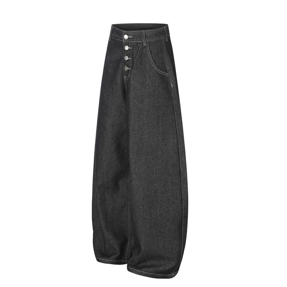 Men's Wide-Leg Jeans – Loose Fit Dark Black Denim with Back Script Embroidery &