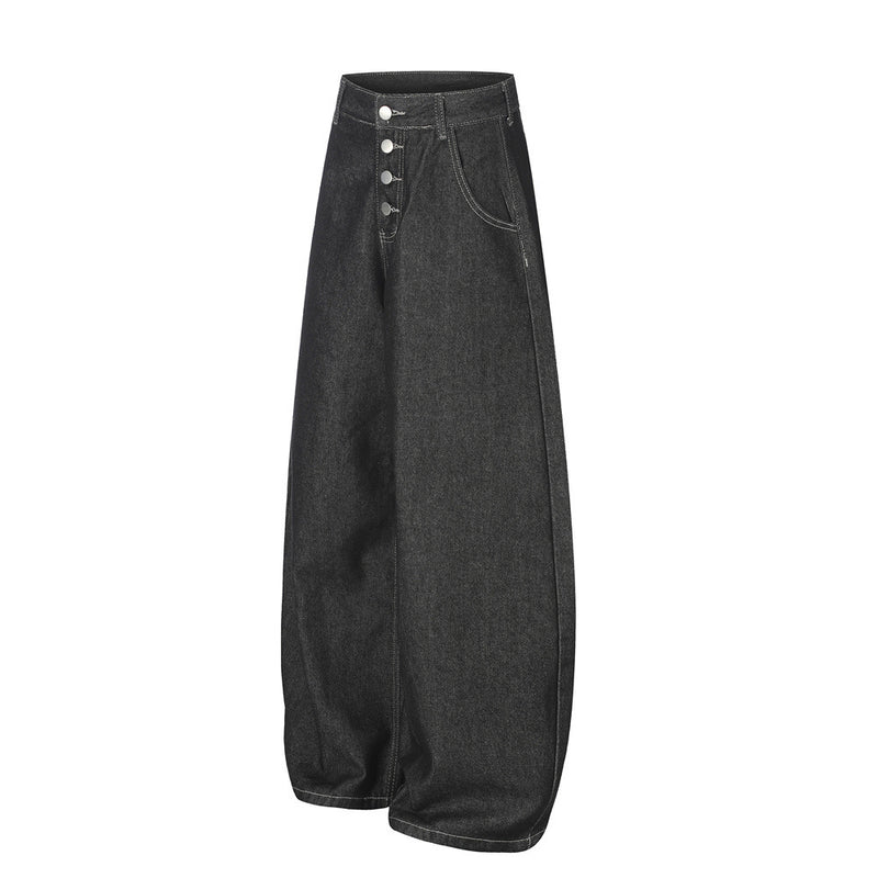 Men's Wide-Leg Jeans – Loose Fit Dark Black Denim with Back Script Embroidery &