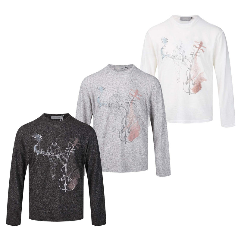 Long Sleeve Graphic Shirt – Cello Musician Sketch Print, Relaxed Fit