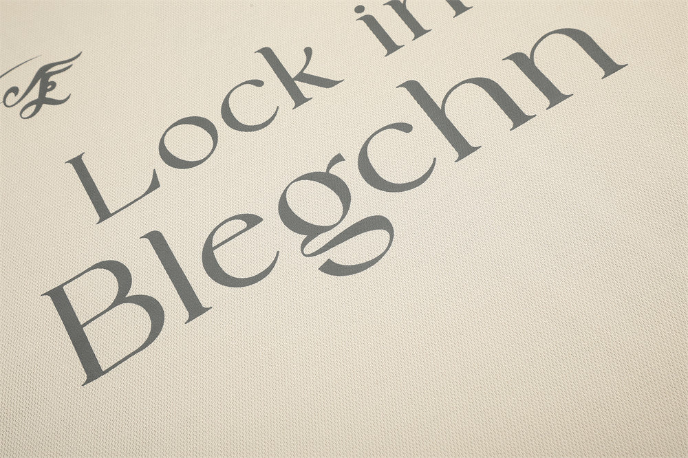 Beige tee print detail showing Lock in Blegchn text and script logo