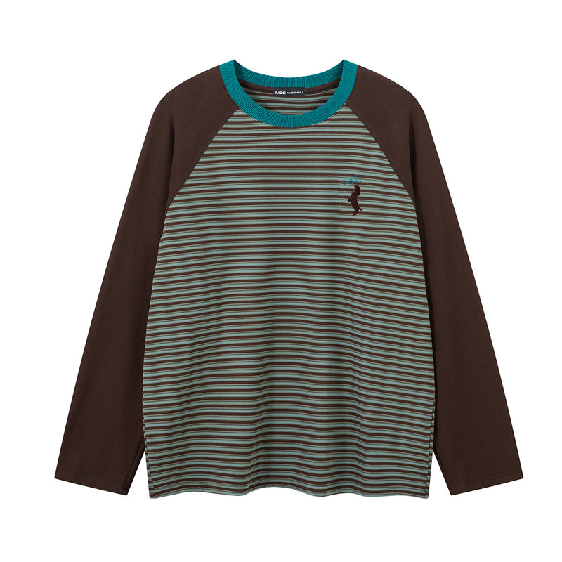 Striped raglan long sleeve shirt with brown contrast sleeves and teal crewneck collar, front view