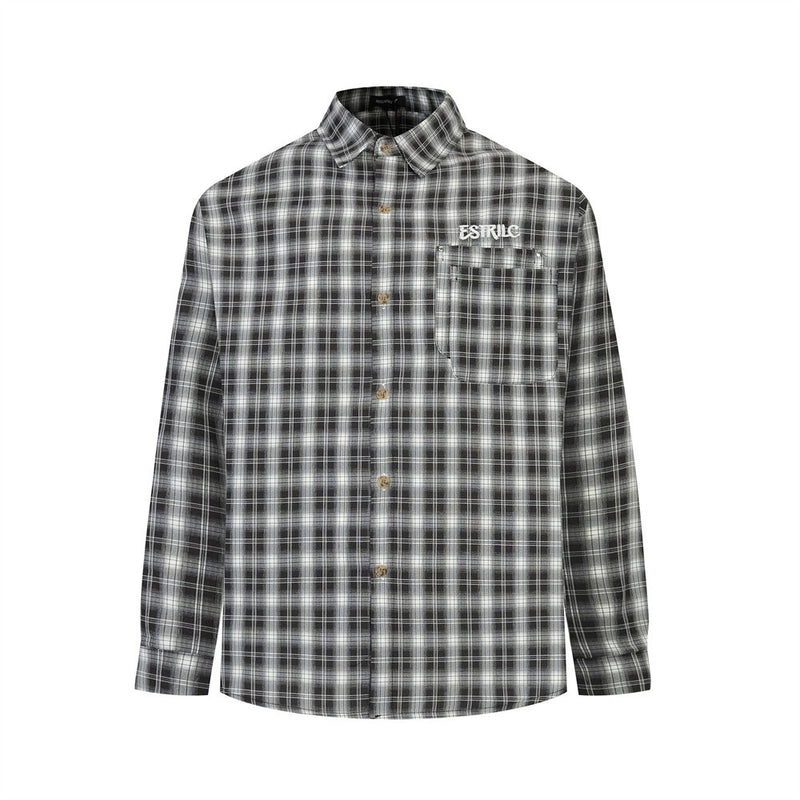 Black plaid button-down shirt front view with chest logo and buttoned pocket