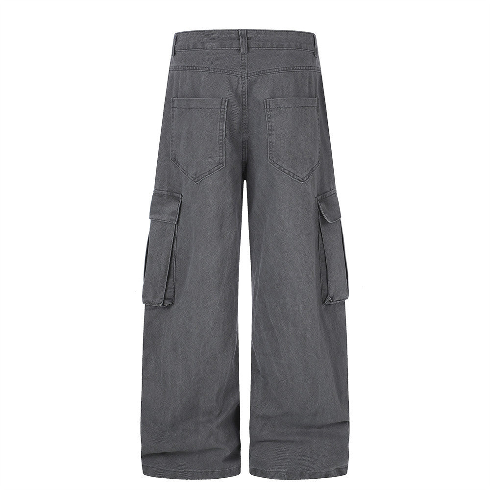 Cargo Pants for Men Wide Leg Multi-Pocket Punk Belt Print Street Style