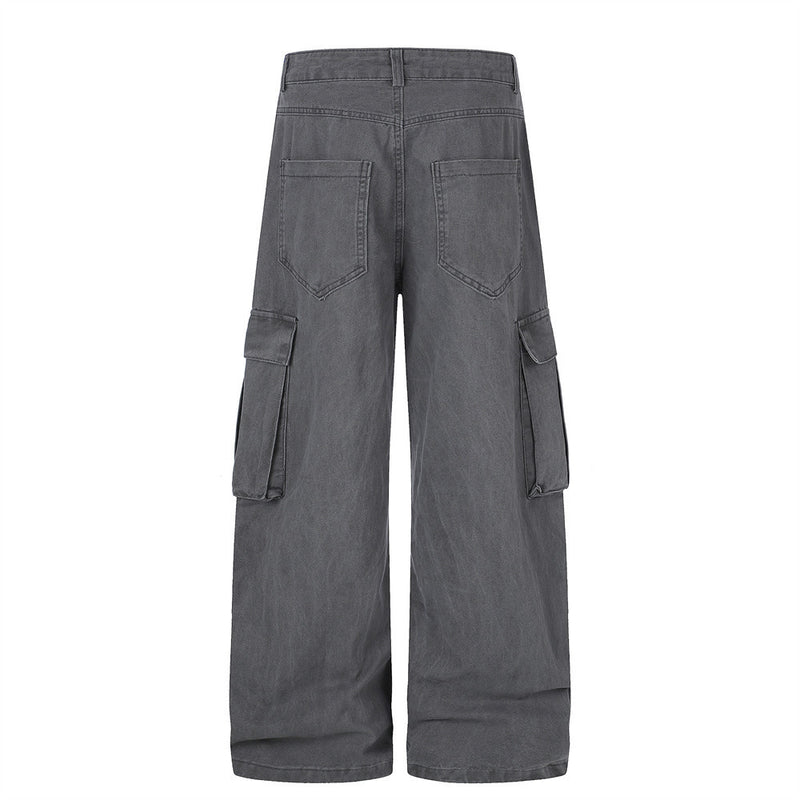 Cargo Pants for Men Wide Leg Multi-Pocket Punk Belt Print Street Style