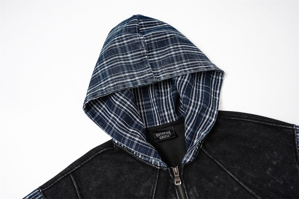 Veste hoodie zippée à patchwork écossais – Coupe oversize délavée et déconstruite
