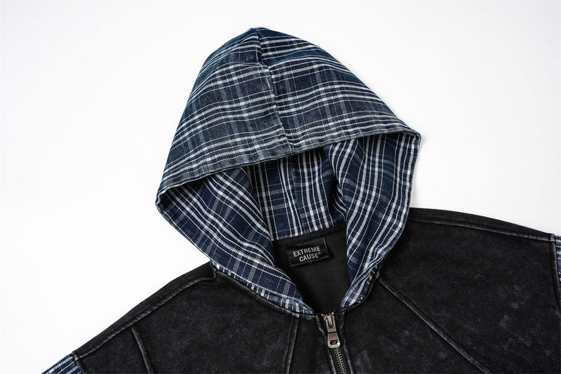 Veste hoodie zippée à patchwork écossais – Coupe oversize délavée et déconstruite