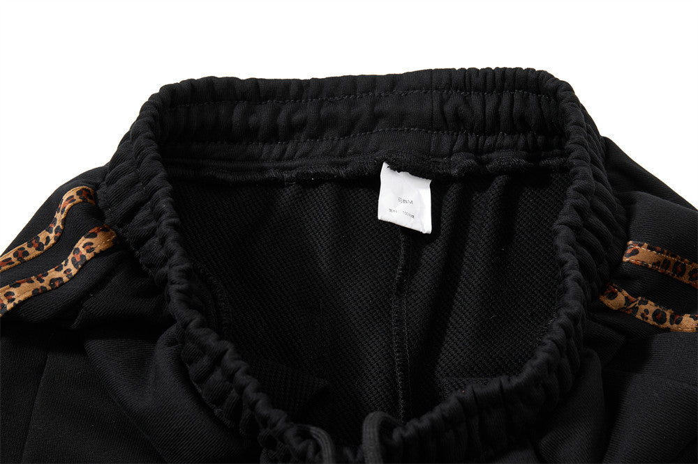 Dark Streetwear Wide-Leg Sweatpants with Leopard Side Tape & Script Print
