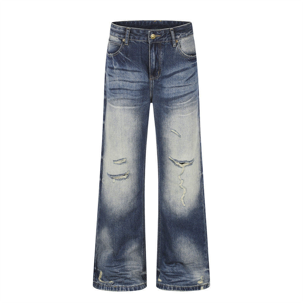 Wide Leg Distressed Jeans – Men's Vintage Wash Flare Denim Pants