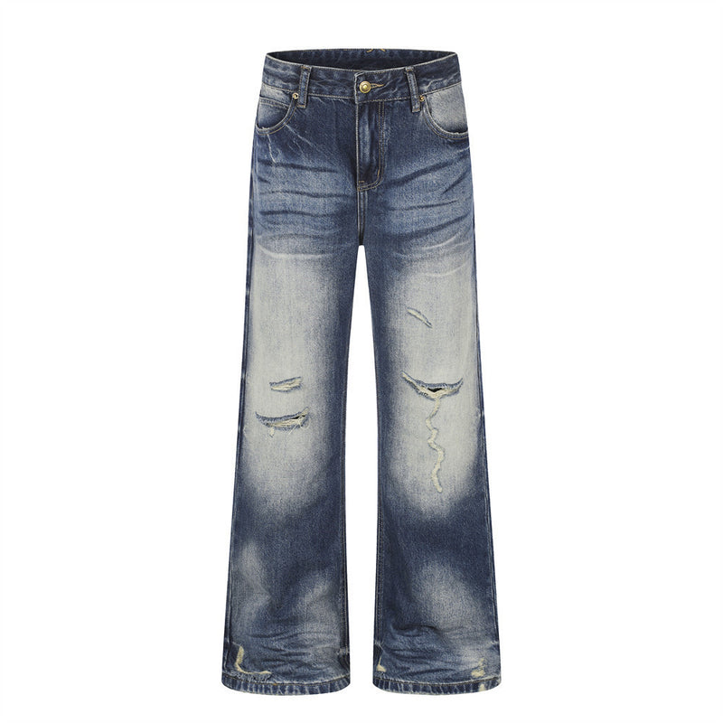 Wide Leg Distressed Jeans – Men's Vintage Wash Flare Denim Pants