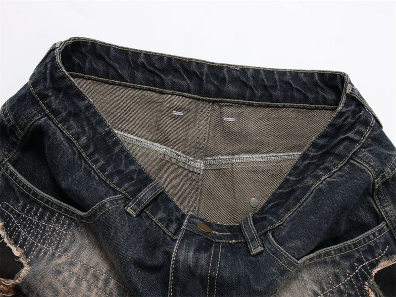 Distressed Patchwork Wide-Leg Jeans – Baggy Ripped Denim with Washed Finish