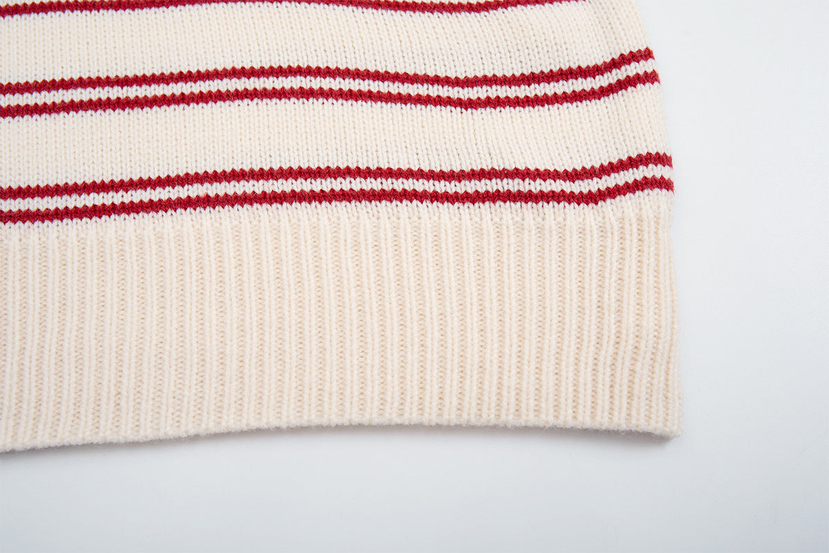 Striped Polo Knit Sweater with Cartoon Embroidery – Relaxed Unisex Pullover