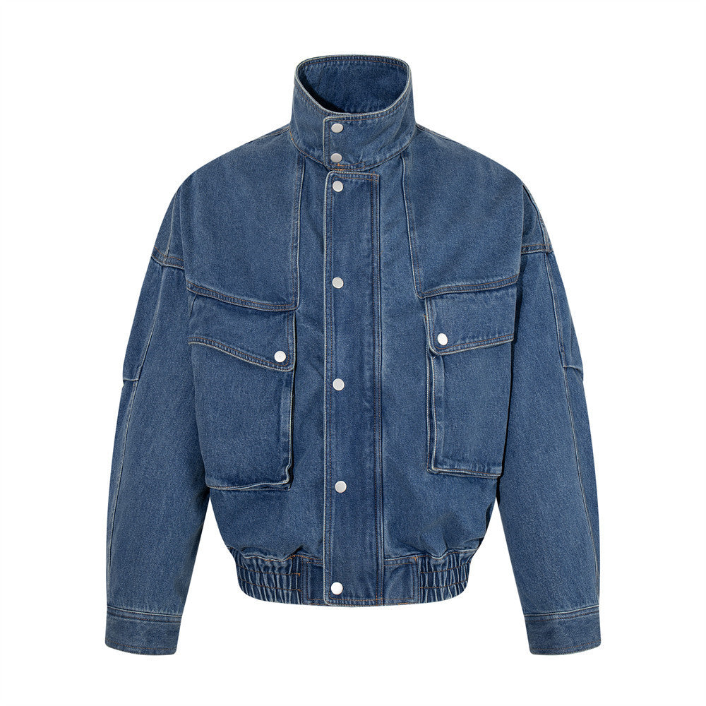 Veste bomber cargo oversize en denim pour homme – Col montant, grandes poches plaquées