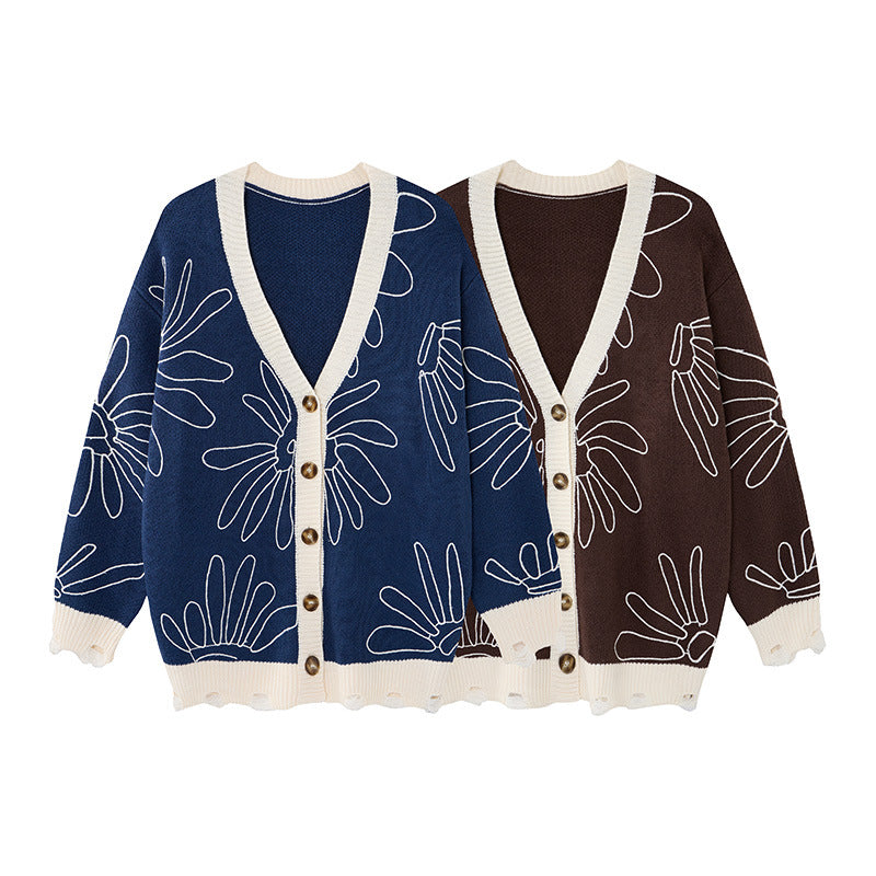 Herren-Strickcardigan mit Blumenstickerei und V-Ausschnitt – Relaxed Fit