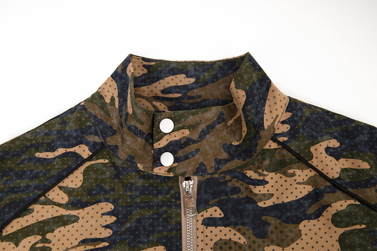 Veste zippée camouflage – Col montant, écusson Union Jack, coupe cropped
