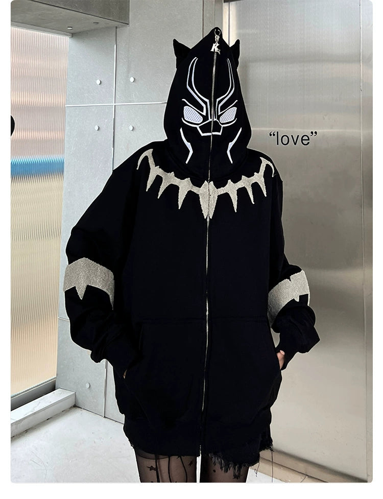 Black Panther-Inspired Hoodie - 400GSM Oversized Superhero Zip-Up Sweatshirt with Ear Design