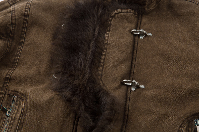 Sherpa Lined Denim Jacket with Fur Collar & Toggle Clasps