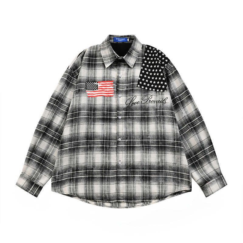 Oversized washed plaid long sleeve shirt with American flag patchwork and distressed back graphic in black/grey colorway