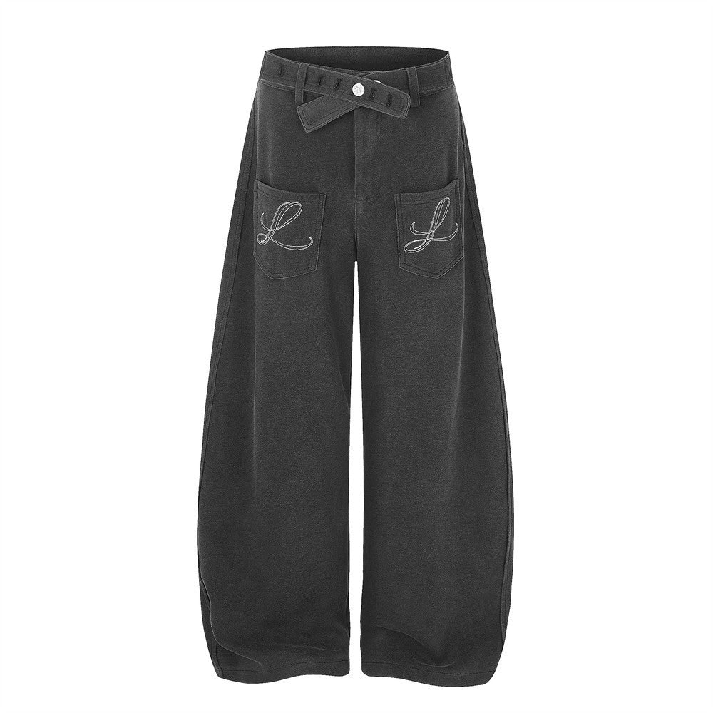 Wide-Leg Barrel Pants – Oversized Fit with Embroidered Pockets & Crossover