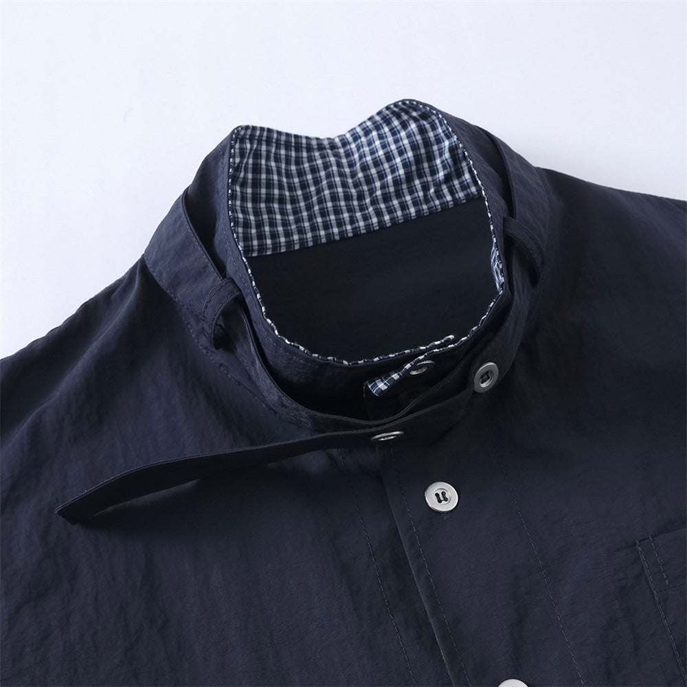 High-Collar Overshirt – Relaxed Fit Long-Sleeve Button-Up with Plaid Inner