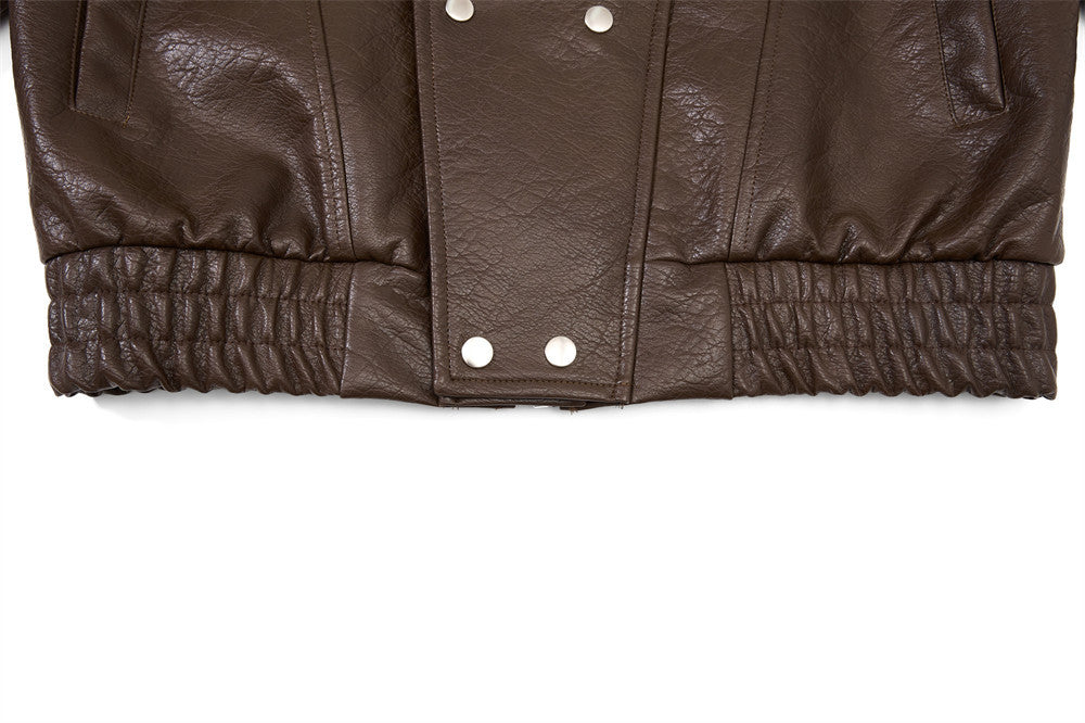 Men's Oversized PU Leather Bomber Jacket – Stand Collar Double-Breasted Snap