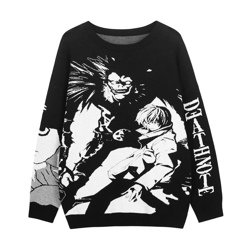 The Premium Death Note-Inspired Knit Sweater by Death Note features a bold jacquard design of Light Yagami and Ryuk, with &quot;DEATH NOTE&quot; printed vertically on the sleeve, enhancing its black-and-white aesthetic.