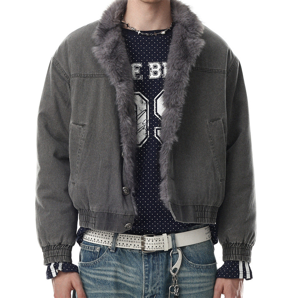 Men's Denim Jacket with Fur Lining – Washed Grey Bomber Jacket
