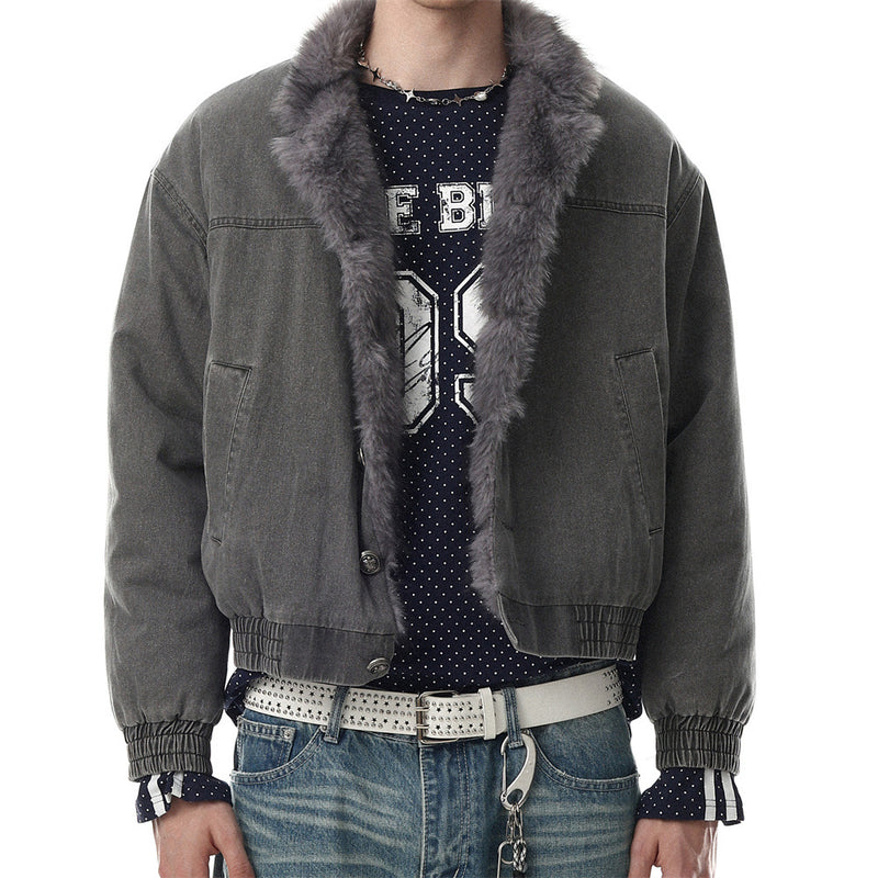 Men's Denim Jacket with Fur Lining – Washed Grey Bomber Jacket