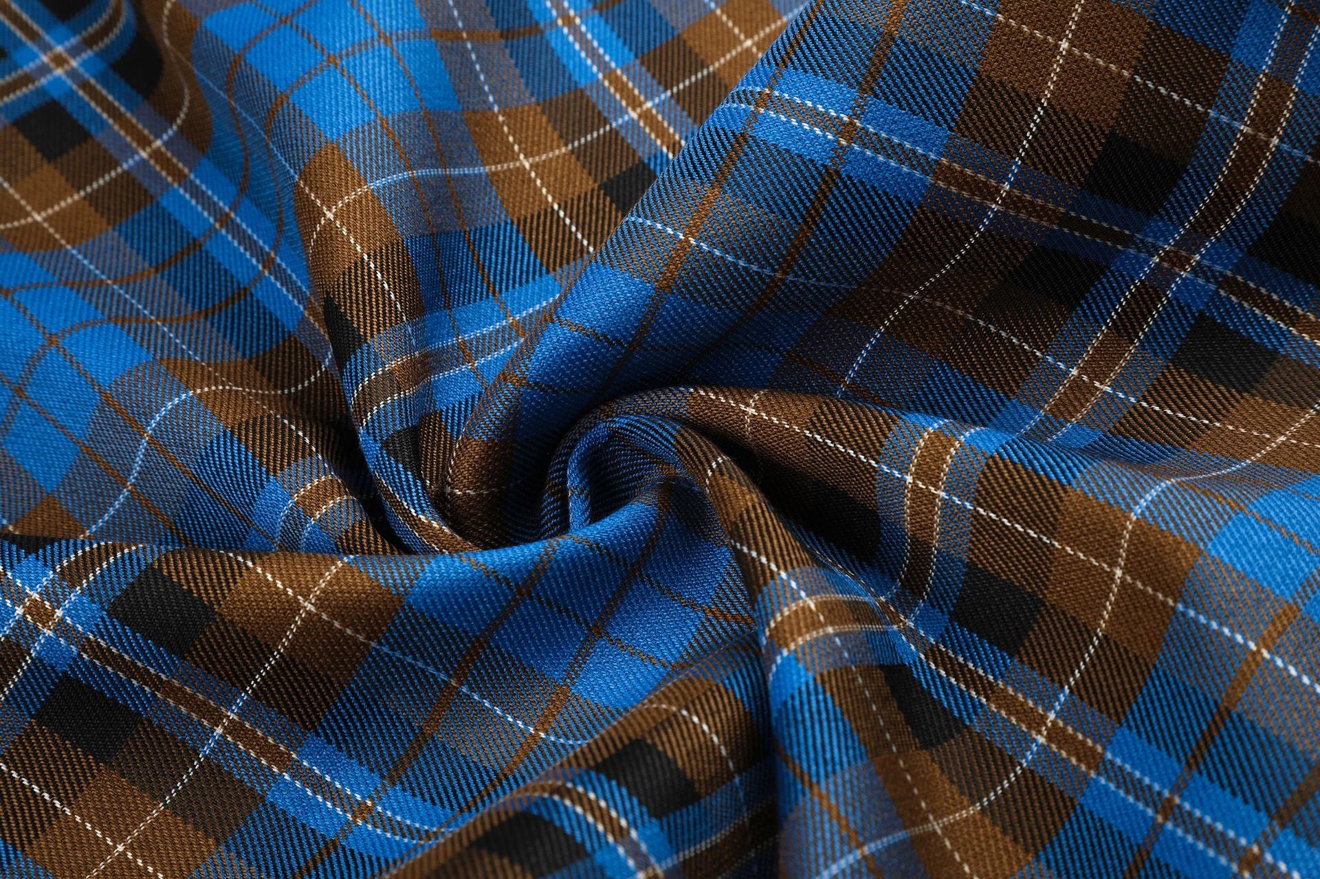 Wide-Leg Plaid Pants – Blue Tartan Baggy Fit with Crest Graphic & Drawstring Hem
