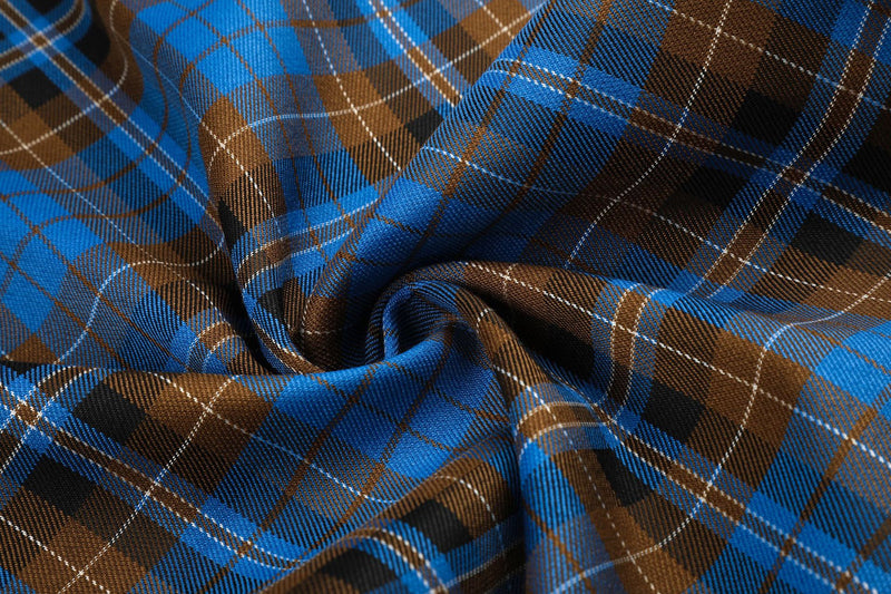Wide-Leg Plaid Pants – Blue Tartan Baggy Fit with Crest Graphic & Drawstring Hem