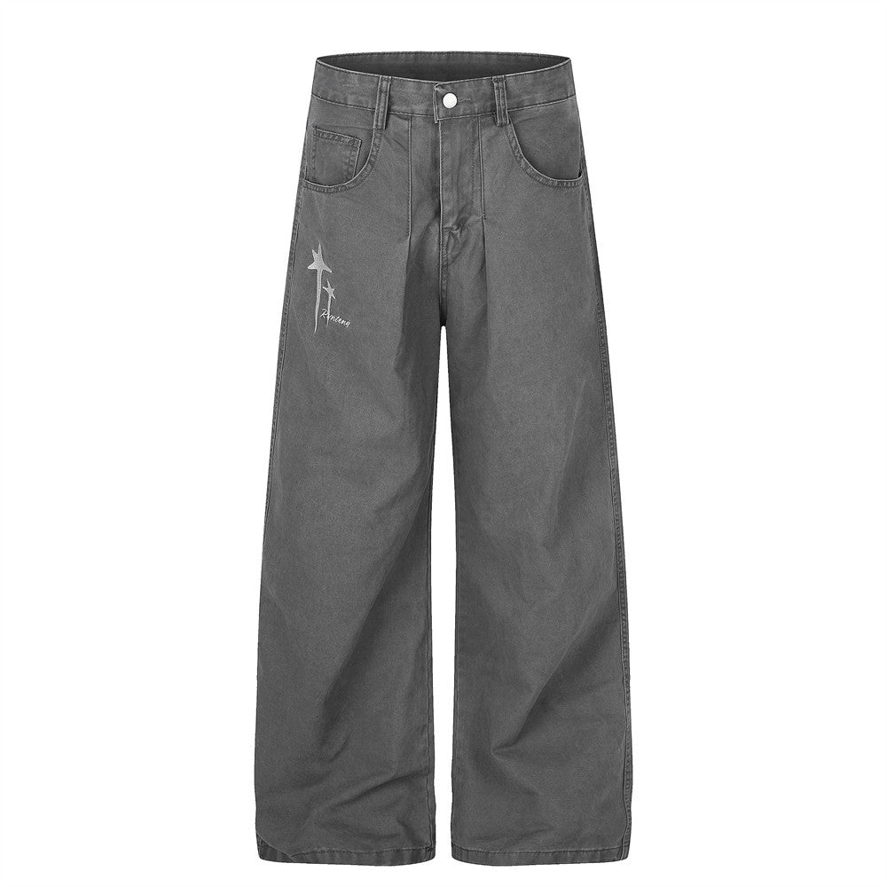 Wide-Leg Men's Pants with Star Embroidery & Cross Back Graphic – Relaxed
