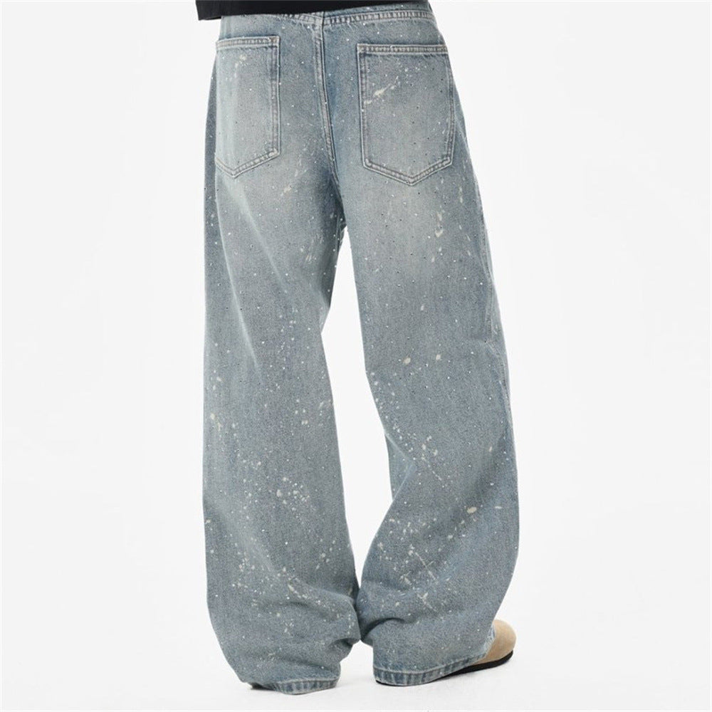 Wide-Leg Paint Splatter Jeans – Men's High-Street Light Blue Washed Denim