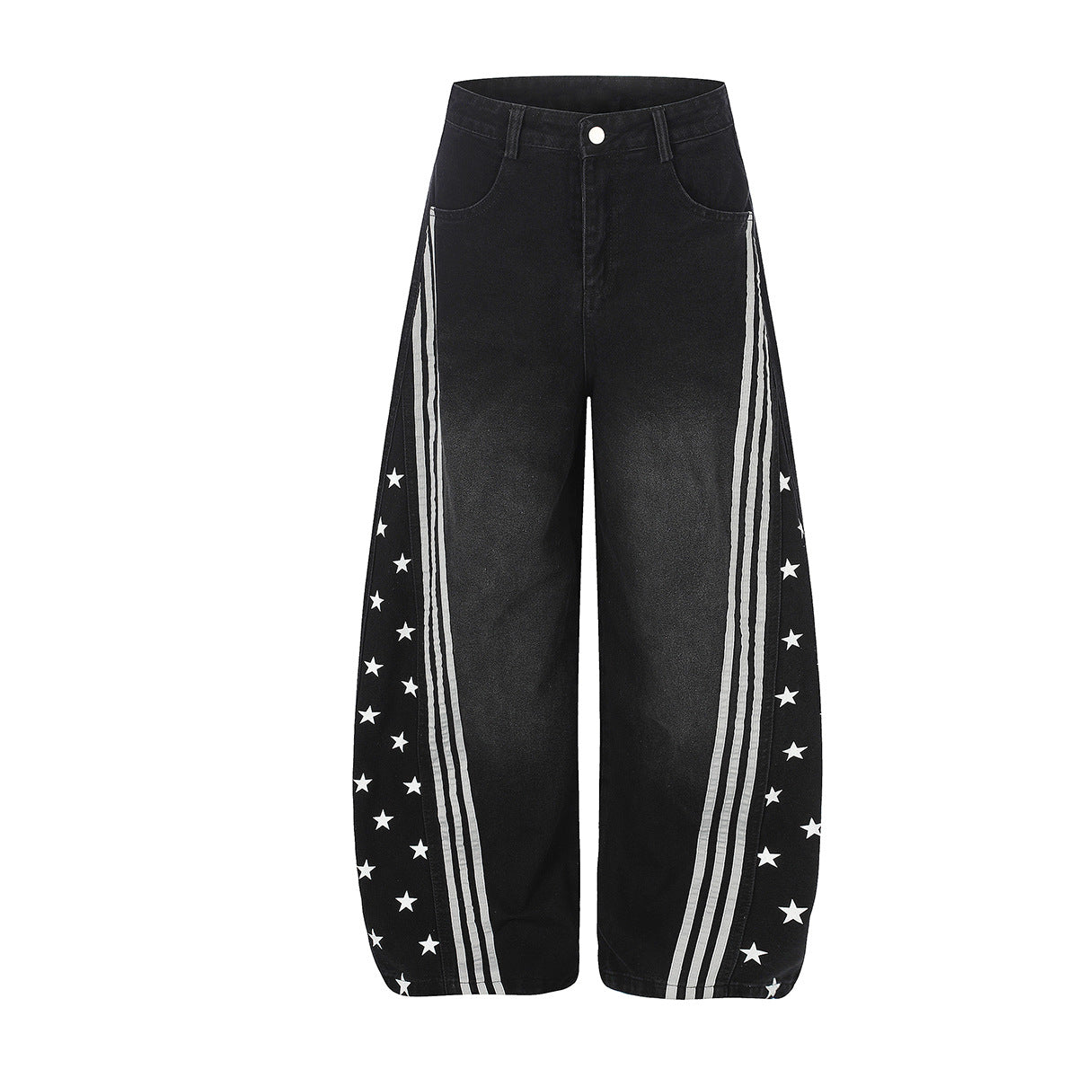 High Waist Baggy Jeans – Star Print Wide-Leg Denim with Triple Stripe Detail