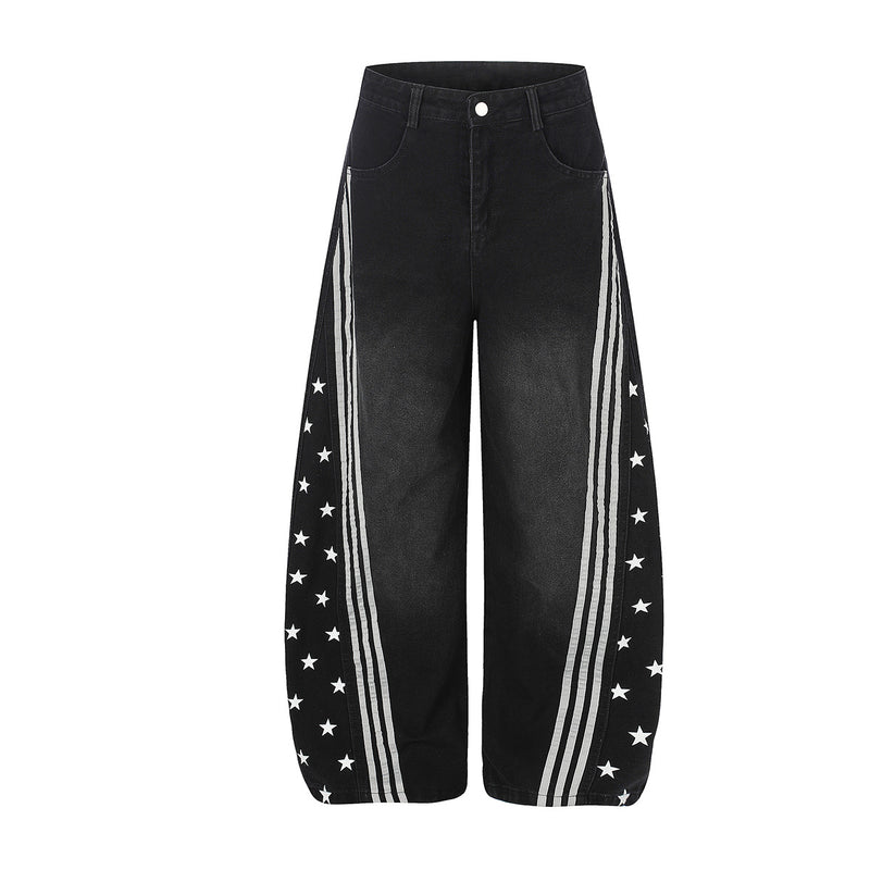 High Waist Baggy Jeans – Star Print Wide-Leg Denim with Triple Stripe Detail