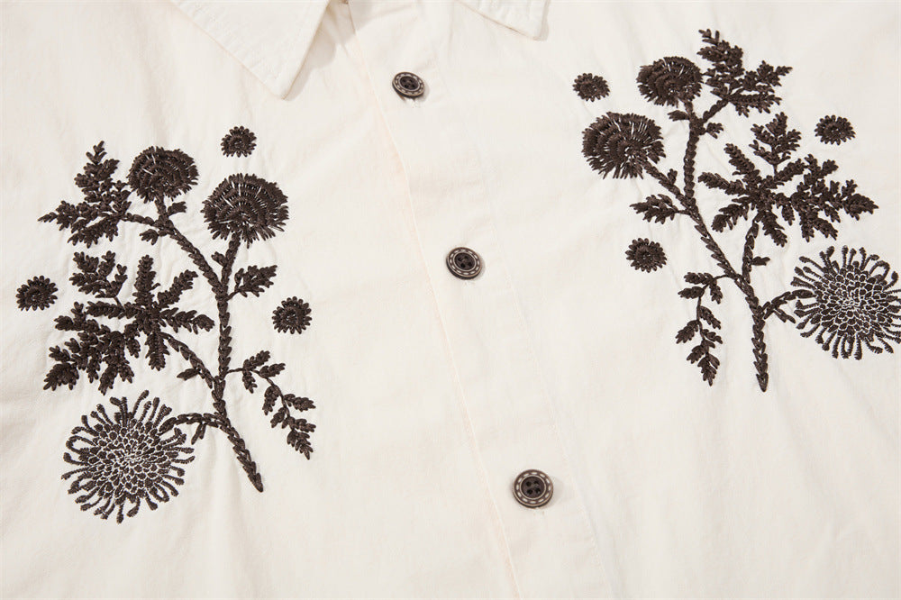 Floral Embroidered Oversized Long-Sleeve Button-Up Shirt