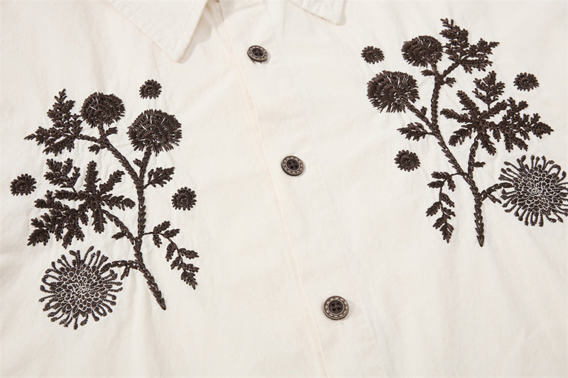 Floral Embroidered Oversized Long-Sleeve Button-Up Shirt