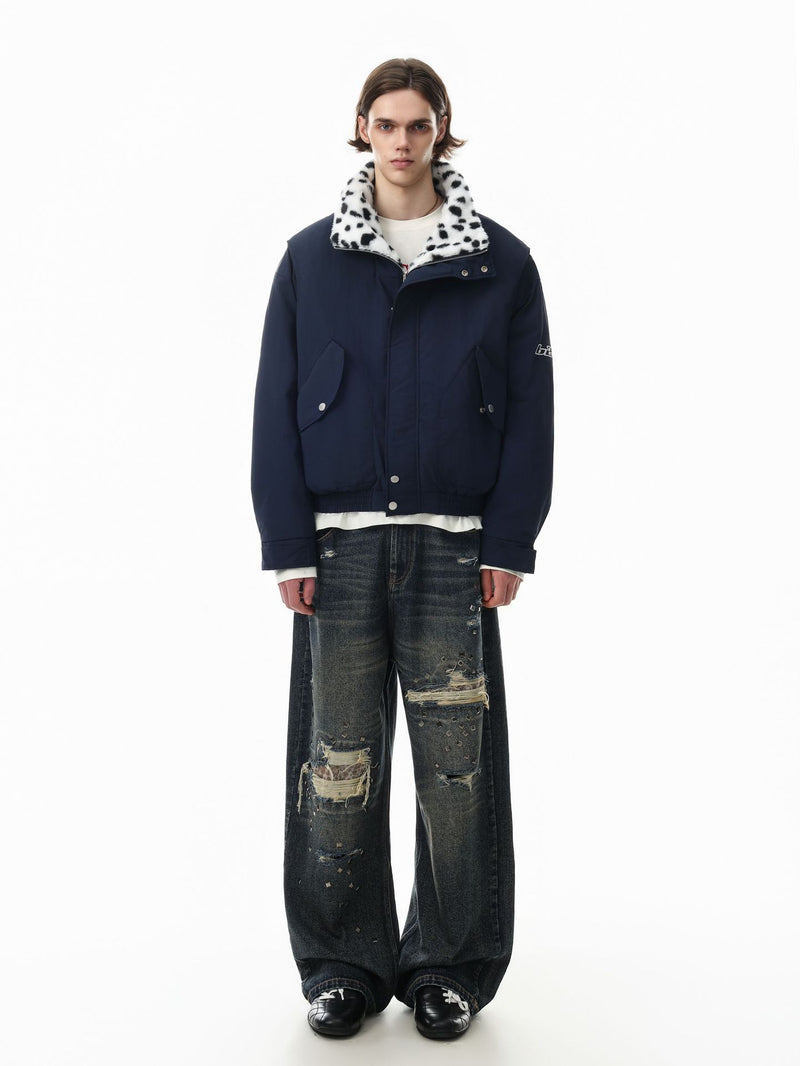 Reversible Dalmatian Faux Fur Bomber Jacket – Two-Way Wear Padded Coat