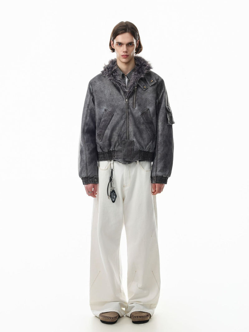 Vintage Washed Bomber Jacket with Faux Fur Collar — Oversized Padded Flight