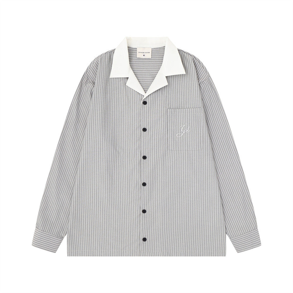 Mens oversized pinstripe long sleeve shirt with contrast Cuban collar and embroidered chest logo in grey and white colorways
