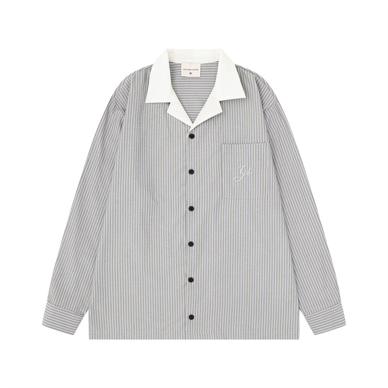 Mens oversized pinstripe long sleeve shirt with contrast Cuban collar and embroidered chest logo in grey and white colorways