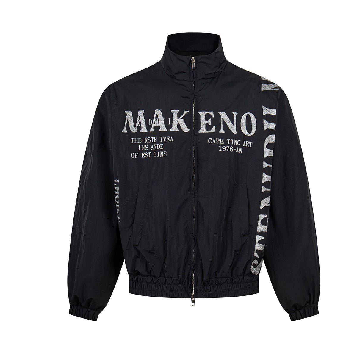 Makeno Trainingsjacke mit Stehkragen und durchgehendem Reißverschluss in Schwarz, mit Used-Silber-Stencil-Print auf Brust und Ärmeln